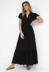 Czarna Sukienka Diomeira. Czarne sukienki damskie Born2be, l, bez wzorów, z tkaniny, eleganckie, bez kołnierzyka, bez ramiączek, maxi, kopertowe. Za 79.99 zł.