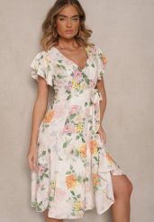 Beżowa Kopertowa Sukienka w Kwiaty Atesalia. Brązowe sukienki damskie Renee, na co dzień, na wiosnę, m, bez wzorów, eleganckie, bez kołnierzyka, bez ramiączek, midi, kopertowe. W wyprzedaży za 83.99 zł.