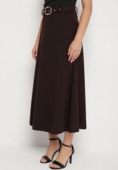 Brązowa Rozkloszowana Spódnica z Wysokim Stanem Ozdobiona Paskiem z Klamrą Lobira. Brązowe spódniczki damskie Born2be, uniwersalny, bez wzorów, eleganckie, z podwyższonym stanem, maxi, koszulowe. Za 69.99 zł.