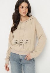 Beżowa Casualowa Bluza z Kapturem i Kieszonką Zelotia. Brązowe bluzy z kapturem damskie Born2be, l, z jeansu. Za 59.99 zł.
