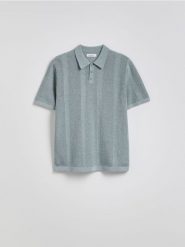 Ażurowy sweter polo - morski. Zielone swetry męskie Reserved, l, w ażurowe wzory, z dzianiny, bez kołnierzyka. W wyprzedaży za 69.99 zł.
