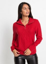 Sweter ze stójką we wzór w warkocze. Czerwone golfy damskie bonprix, bez wzorów, bez ramiączek. Za 99.99 zł.