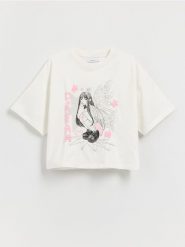 T-shirt z nadrukiem - złamana biel. Koszulki dziewczęce Reserved, bez wzorów, z bawełny, bez ramiączek. W wyprzedaży za 22.99 zł.