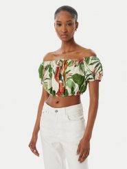 Guess Bluzka W6GHA1 W2447 Zielony Regular Fit. Zielone bluzki damskie Guess, l, z aplikacjami, ze lnu, bez ramiączek. Za 344.99 zł.