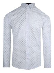 Męska, Taliowana (Slim Fit) Koszula Wizytowa - Rigon - Biała w Kolorowy Groszek. Białe koszule męskie Rigon, m, bez wzorów, z bawełny, bez kołnierzyka, bez ramiączek. Za 129.00 zł.