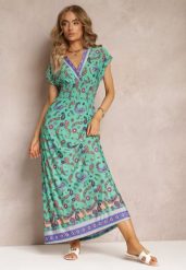 Zielona Rozkloszowana Sukienka Maxi z Printem Paisley z Gumką w Pasie Zoenia. Zielone sukienki damskie Renee, na lato, l, bez wzorów, bez kołnierzyka, bez ramiączek, maxi, rozkloszowane. W wyprzedaży za 38.49 zł.