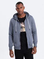 Bluza męska rozpinana z kapturem BASIC - jeansowa V13 B977 - S. Bluzy z kapturem męskie Ombre Clothing, m, z bawełny. W wyprzedaży za 49.99 zł.