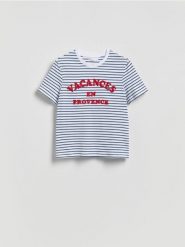 T-shirt z haftowanym napisem - wielobarwny. T-shirty damskie Reserved, l, bez wzorów, z bawełny, bez kołnierzyka. Za 49.99 zł.
