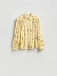 Wzorzysta koszula z wiskozy - jasnożółty. Żółte koszule damskie Reserved, l, bez wzorów, z wiskozy, bez kołnierzyka, bez ramiączek. Za 139.99 zł.