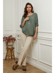 Fleur de Lin Bluzka "Guimauve" w kolorze khaki rozmiar: L. Brązowe bluzki damskie Fleur de Lin, l, bez wzorów, z bawełny, bez kołnierzyka, bez ramiączek. Za 123.25 zł.