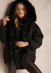 Czarna Kurtka Parka Oversize z Futerkiem Horelle. Czarne kurtki damskie Renee, na zimę, l, z aplikacjami, z tkaniny, bez kaptura. Za 359.99 zł.