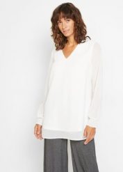 Długa bluzka w stylu tuniki. Białe bluzki damskie bonprix, bez wzorów, eleganckie, bez kołnierzyka, bez ramiączek. Za 119.99 zł.