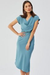 Elegancka asymetryczna sukienka z dekoltem woda niebieska. Niebieskie sukienki damskie Stylove, xl, bez wzorów, eleganckie, z asymetrycznym kołnierzem, bez ramiączek, asymetryczne. Za 339.00 zł.