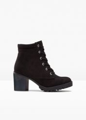 Botki sznurowane. Czarne botki damskie bonprix, eleganckie, bez obcasa, na obcasie, bez zapięcia. Za 147.99 zł.