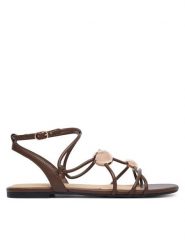 Guess Sandały FLTTAB ELE03 Brązowy. Brązowe sandały damskie Guess, z aplikacjami, ze skóry, bez obcasa, na płaskiej podeszwie. Za 444.99 zł.