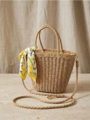 Pleciona torebka z ozdobną apaszką - beżowy. Brązowe torebki klasyczne damskie Sinsay, bez wzorów, bez dodatków. Za 59.99 zł.