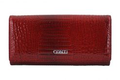 Klasyczny skórzany portfel damski CROCO - Czerwony. Czerwone portfele damskie CONTI, bez wzorów, z lakierowanej skóry. Za 179.99 zł.