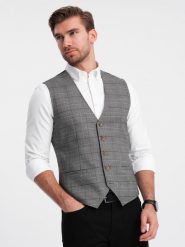 Męska kamizelka SLIM FIT z łączonych materiałów w kratkę – grafitowa V2 OM-BLZV-0123 - XXL. Szare kamizelki męskie Ombre Clothing, l, z materiału. Za 149.99 zł.