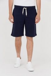 GUESS Granatowe dresowe szorty męskie. Niebieskie szorty męskie Guess, z bawełny, bez kołnierzyka. W wyprzedaży za 179.99 zł.
