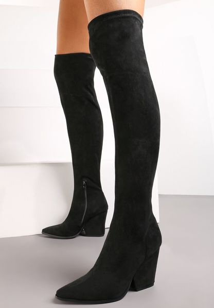 Czarne Kozaki na Stożku za Kolano ze Szpiczastym Noskiem Nudra. Czarne kozaki damskie Renee, ze szpiczastym noskiem, za kolano, bez obcasa, na obcasie. Za 139.99 zł.