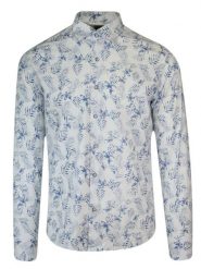 Koszula Biało-Niebieska w Palmy, Liście, Męska Długi Rękaw, Slim Fit, Taliowana -TO-ON. Niebieskie koszule męskie TO-ON, m, bez wzorów, z bawełny, bez kołnierzyka, bez ramiączek. Za 109.00 zł.