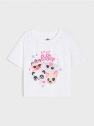 Bawełniana koszulka z nadrukiem Littlest Pet Shop - biały. Białe koszulki dziewczęce Sinsay, l, bez wzorów, z bawełny, bez ramiączek. Za 15.99 zł.