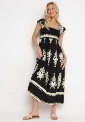 Czarna Boho Sukienka z Wiskozy na Szerokich Ramiączkach z Gumkami w Pasie i Falbanką Cleria. Czarne sukienki damskie Born2be, na co dzień, l, bez wzorów, z wiskozy, boho, bez kołnierzyka, bez ramiączek, maxi, kopertowe. W wyprzedaży za 103.99 zł.
