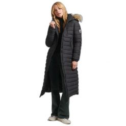 Długa i lekka kurtka puchowa z kapturem ze sztucznym futrem dla kobiet Superdry. Czarne kurtki damskie Superdry., xs, bez wzorów, prążkowane, z kapturem. Za 563.00 zł.