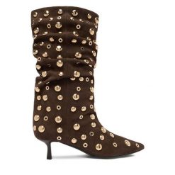 Botki Eva Minge. Brązowe botki damskie Eva Minge, bez obcasa, na szpilce, bez zapięcia. Za 429.99 zł.