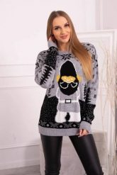 Sweter świąteczny z Mikołajem szary. Szare swetry klasyczne damskie KESI, l, z wełny, bez kołnierzyka, plus size. Za 125.45 zł.