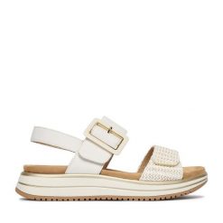 Sandały Remonte. Białe sandały damskie Remonte, bez wzorów, bez obcasa, na płaskiej podeszwie. Za 379.99 zł.