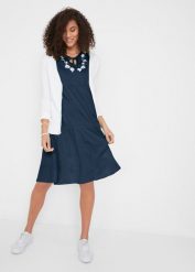 Sukienka tunikowa z bawełny, krótki rękaw. Niebieskie sukienki damskie bonprix, bez wzorów, z bawełny, bez kołnierzyka, bez ramiączek, mini. Za 74.99 zł.