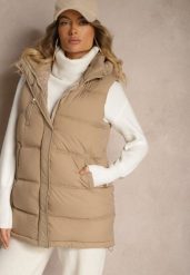 Ciemnobeżowa Pikowana Kamizelka z Kapturem i Ozdobnym Suwakiem Tomtalisa. Brązowe kamizelki damskie Renee, l, z jeansu. Za 129.99 zł.