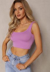 Fioletowy Tank Top z Elastycznej Bawełny z Głębokim Dekoltem Omaliana. Fioletowe topy damskie Renee, l, bez wzorów, z bawełny, bez kołnierzyka. Za 14.99 zł.