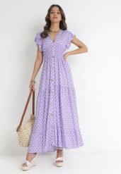 Fioletowa Sukienka Maxi w Groszki z Szeroką Gumką w Pasie Khalsa. Fioletowe sukienki damskie Born2be, l, bez wzorów, bez kołnierzyka, bez ramiączek, maxi. Za 69.99 zł.