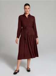 Sukienka midi z kołnierzykiem - brązowy. Brązowe sukienki damskie Sinsay, l, bez wzorów, klasyczne, bez kołnierzyka, bez ramiączek, maxi. Za 49.99 zł.