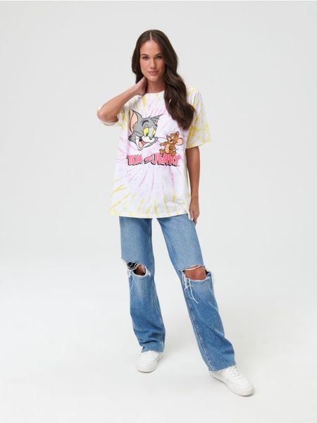 Koszulka tie dye Tom i Jerry - kremowy. Białe t-shirty damskie Sinsay, l, bez wzorów, z bawełny, bez kołnierzyka. Za 39.99 zł.