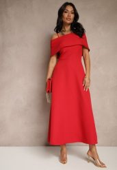 Czerwona Rozkloszowana Sukienka na Ramiączkach z Wywiniętym Dekoltem Jenavitia. Czerwone sukienki damskie Renee, na imprezę, m, bez wzorów, eleganckie, bez kołnierzyka, bez ramiączek, midi, rozkloszowane. W wyprzedaży za 127.99 zł.