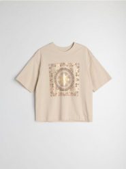Bawełniana koszulka w stylu boho - beżowy. Brązowe t-shirty damskie Sinsay, l, bez wzorów, z bawełny, bez kołnierzyka. Za 25.99 zł.