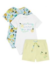 Guess Komplet body i szorty P6GG03 K6YW1 Żółty Regular Fit. Żółte spodnie niemowlęce Guess, z aplikacjami, z bawełny. Za 209.99 zł.