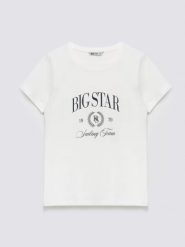 Koszulka damska z kontrastowym nadrukiem biała Ratta 100. Białe t-shirty damskie Big Star, l, bez wzorów, z dzianiny, bez kołnierzyka. Za 79.99 zł.