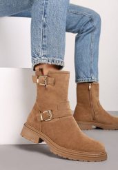 Brązowe Botki z Ekozamszu ze Stylowymi Klamrami i Paseczkami przy Cholewce Nevalune. Brązowe botki damskie Renee, z jeansu, eleganckie, z okrągłym noskiem, bez obcasa, na płaskiej podeszwie, bez zapięcia. Za 124.99 zł.