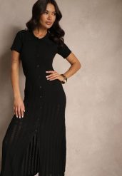 Czarna Wiskozowa Sukienka z Guzikami i Kołnierzykiem Zdobiona Koronką Alanella. Czarne sukienki damskie Renee, na co dzień, z aplikacjami, z koronki, eleganckie, bez kołnierzyka, bez ramiączek, maxi, kopertowe. W wyprzedaży za 139.99 zł.