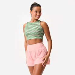 Koszulka fitness damska Domyos bez rękawów crop top. Bluzki sportowe damskie DOMYOS, l, bez wzorów, z elastanu, bez ramiączek. Za 32.49 zł.
