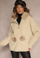 Beżowa Bluza z Wełną Wiskozą Kapturem Odpinanym Futerkiem i Pomponami Delailith. Brązowe bluzy z kapturem damskie Renee, l, z jeansu. Za 169.99 zł.