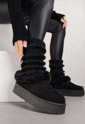 Czarne Krótkie Śniegowce na Platformie Ozdobione Futerkiem Sewlara. Czarne śniegowce damskie Renee, z jeansu. Za 59.99 zł.