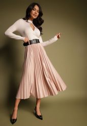 Jasnobeżowa Plisowana Spódnica Rozkloszowana z Gumką w Talii Noriri. Brązowe spódniczki damskie Renee, bez wzorów, eleganckie, midi, dopasowane. Za 59.99 zł.