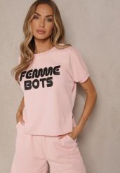 Różowy T-shirt z Nadrukiem Napisu Dezerine. Czerwone t-shirty damskie Renee, l, bez wzorów, z jeansu, bez kołnierzyka. Za 34.99 zł.