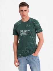 Męski t-shirt z nadrukiem i okrągłym dekoltem – zielony V3 - Rozmiar: XL. Zielone t-shirty męskie Ombre Clothing, m, bez wzorów, z bawełny, bez kołnierzyka. W wyprzedaży za 39.99 zł.