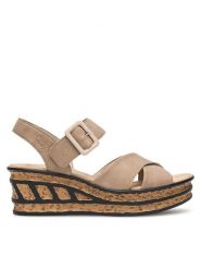 Rieker Sandały 68163-62 Beżowy. Brązowe sandały damskie Rieker, bez wzorów, z syntetyku, bez obcasa, na koturnie. Za 269.99 zł.